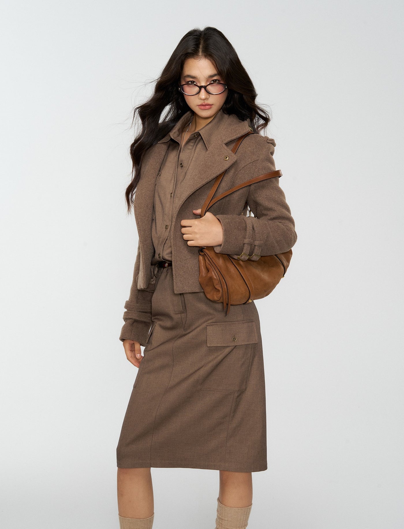 Brown High Neck Wool Jacket/Shorts 4MU0163