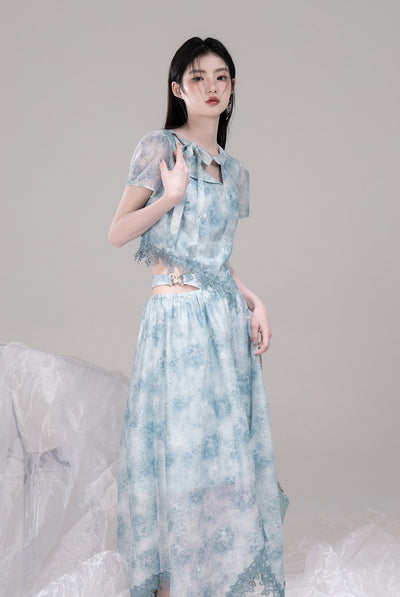 Blue Bow Collar Shirt+Irregular Skirt COT0316