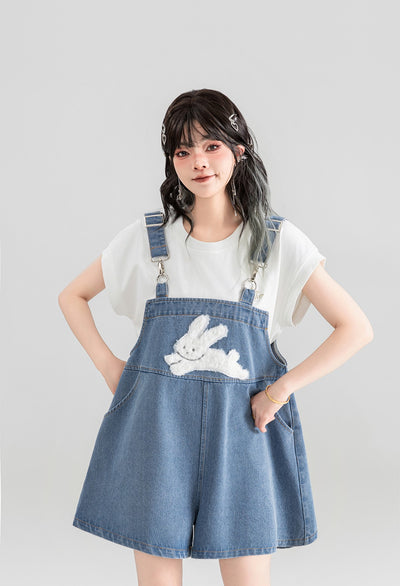 Rabbit Print Denim Overalls/White T-shirt KEI0053