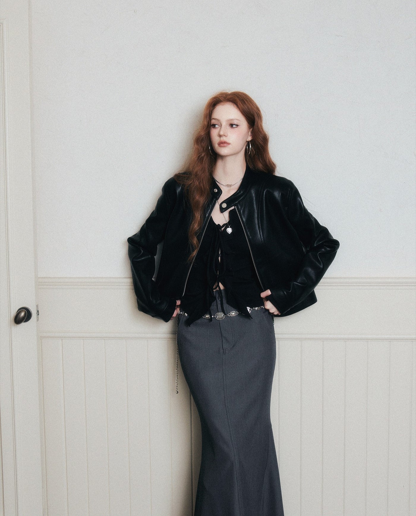 Stand Collar Black Leather Jacket LUL0173
