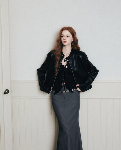 Stand Collar Black Leather Jacket LUL0173