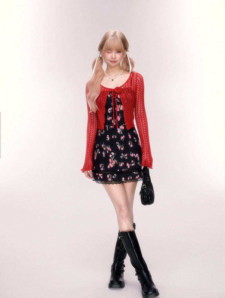 Lace Black Floral Suspender Dress/Red Cardigan QDQ0066