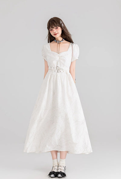 French Belt White Jacquard Square Collar Long Dress KEI0100