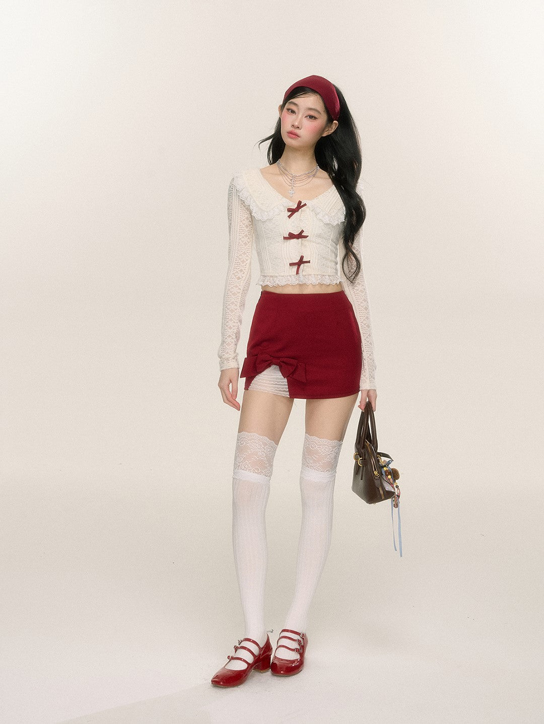 Sweetheart Doll Collar Lace Long Sleeve Thin Shirt/Red Skirt DIA0220