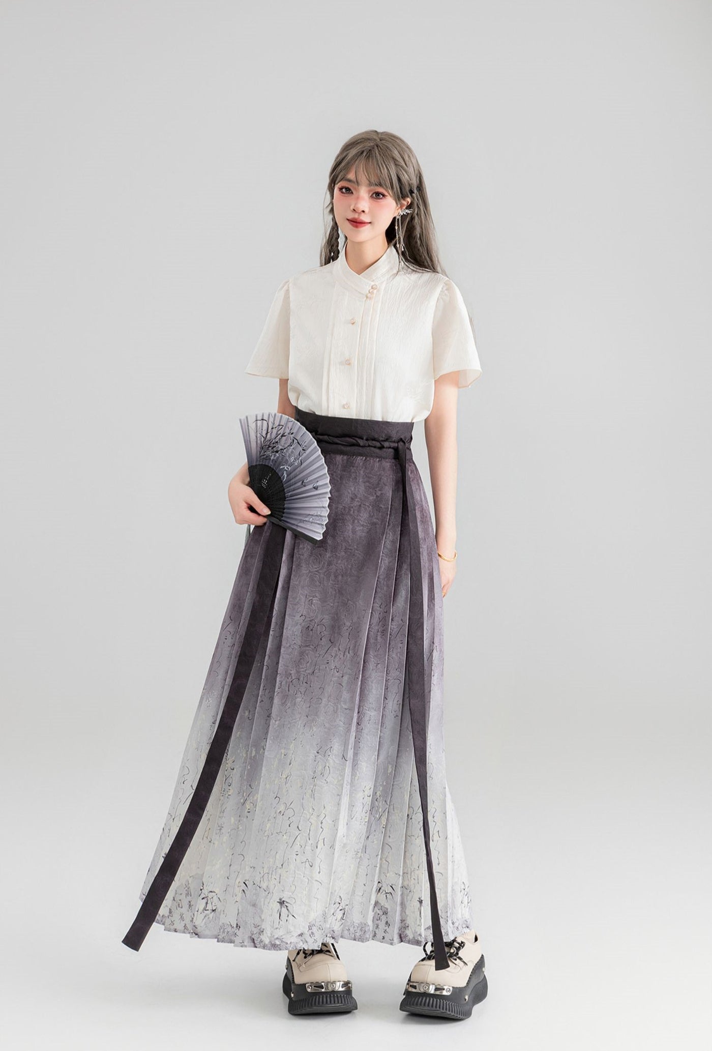 Ancient Style Wind Print Pleated Long Skirt KEI0064