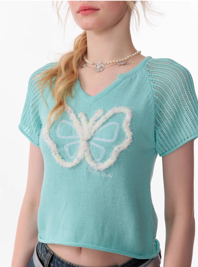 Three-dimensional Butterfly V-neck Short-sleeved Knit ZIZ0096