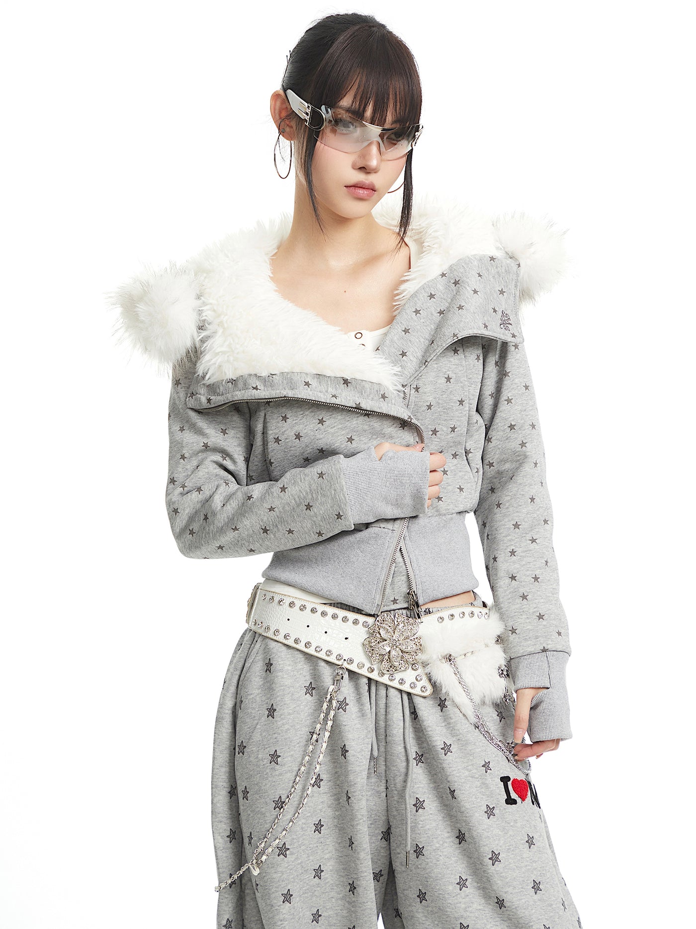 Full Star Design Fur-collar Hooded Jacket UNC0329