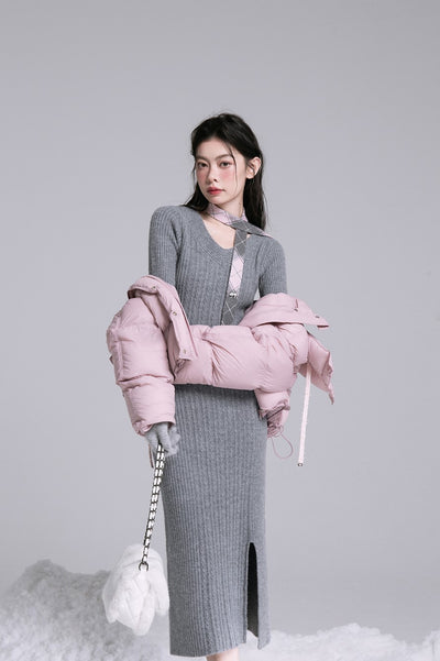 Curve Shaping Gray Pink Ribbon Wool Knit Dress COT0189