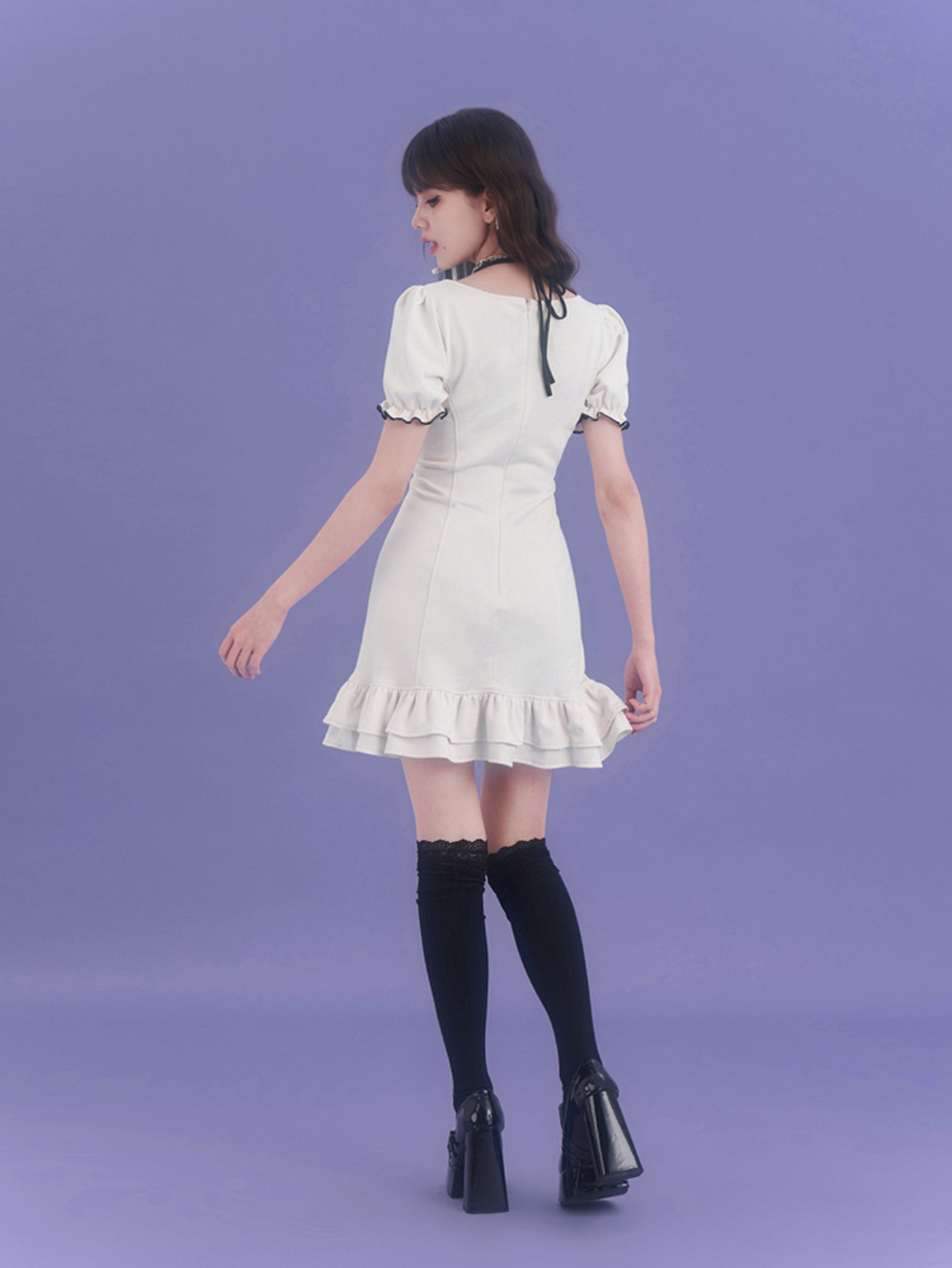 Off-white Strappy Halterneck Short-sleeved Dress SAG0143