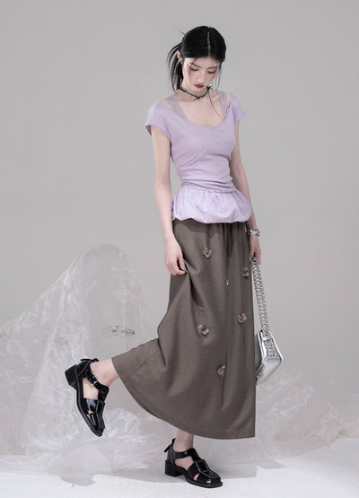 Purple Waist Slim Short Sleeve T-shirt COT0306