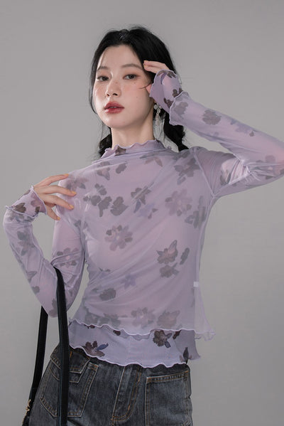 Layered Purple Flower Mesh Shirt COT0351