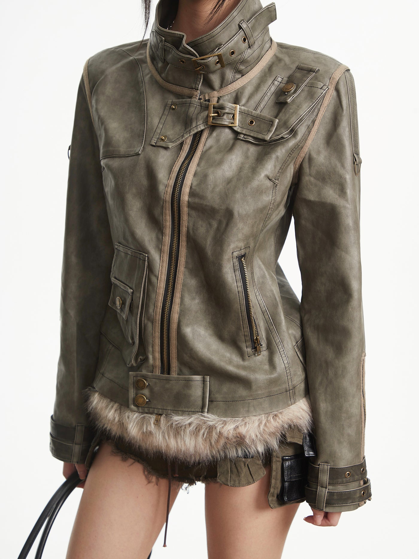 Punk Distressed Leather Workwear Jacket UNC0315