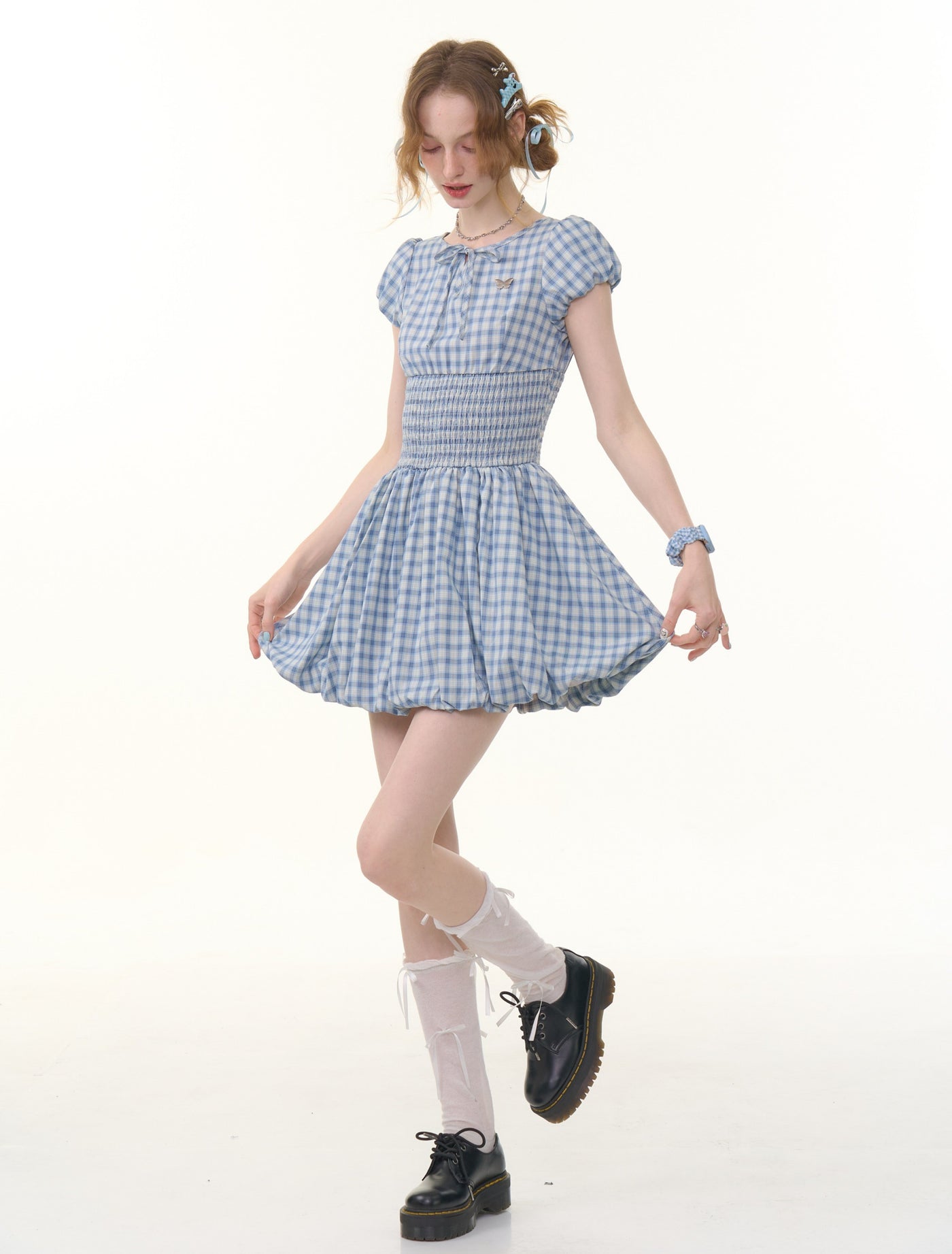 Retro Blue Plaid Puff Sleeve Dress ZIZ0288