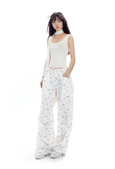 Floral Drawstring Loose Straight Versatile Wide-leg Pants APE0314