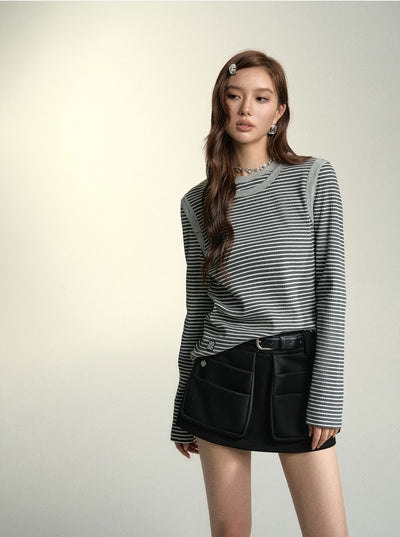 Double-Layered Striped Colorblock Long-Sleeved T-Shirt SOM0069
