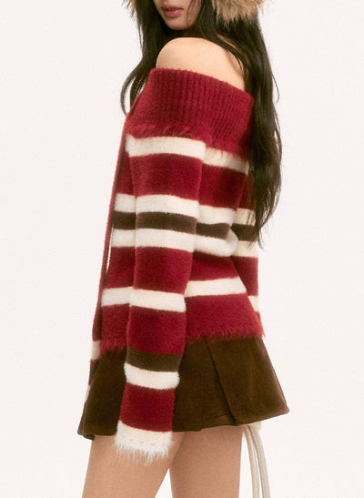Striped Color Block Off-Shoulder Sweater WEE0123