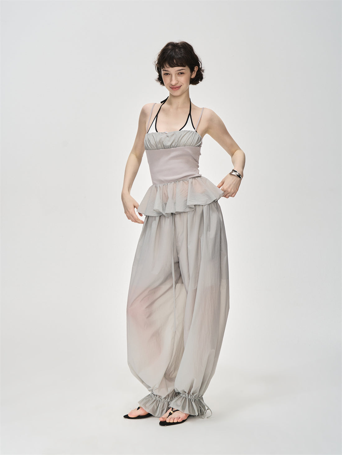 Translucent Pleated Loose Drawstring Pants CUR0231