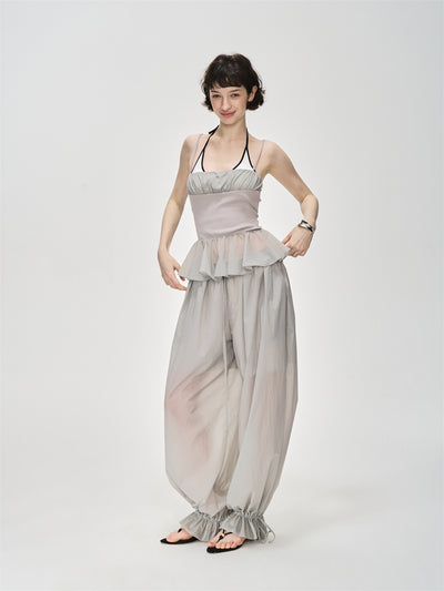 Translucent Pleated Loose Drawstring Pants CUR0231