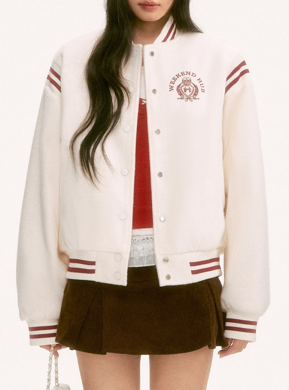 White Color-Blocked Wool Baseball Jacket WEE0125