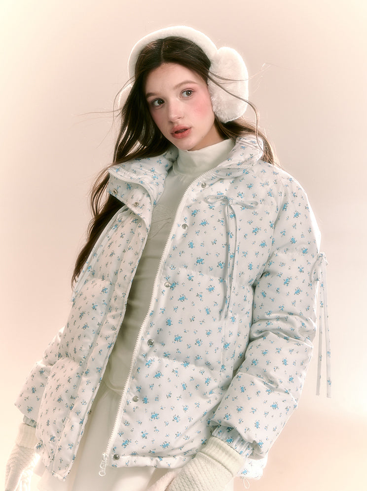 Little Floral Print Stand Up Collar Short Down Jacket QDQ0097