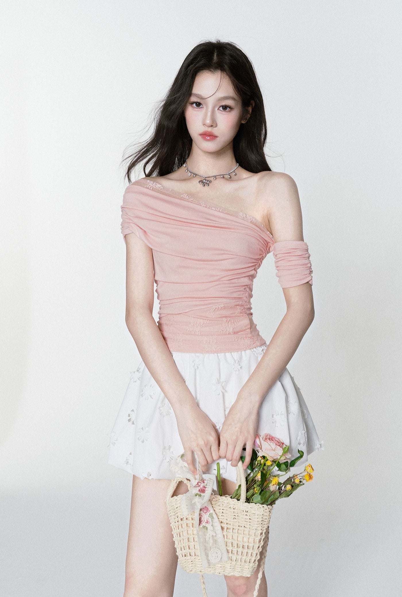 Lace Pleated One Shoulder T-shirt FRA0379