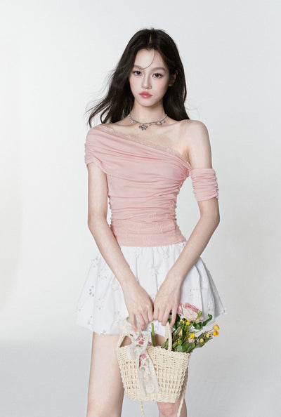 Lace Pleated One Shoulder T-shirt FRA0379