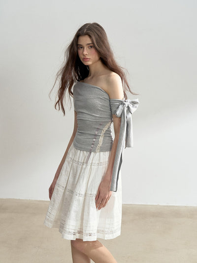 Off-shoulder Ribbon T-shirt SUN0132