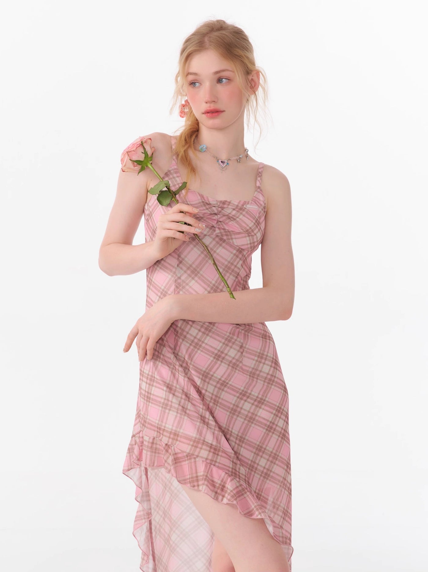 Irregular Waist Plaid Pink Long Suspender Dress ZIZ0086