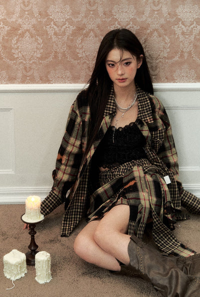 Lace Camisole/Plaid Shirt/Irregular Skirt VIA0151