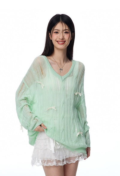 Lazy Style Mint Green Irregular Hollow Bow Knit/Camisole NTO0115