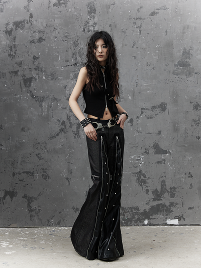 Street Punk Rivet Zipper Cross Wide Leg Flared Pants FRU0047