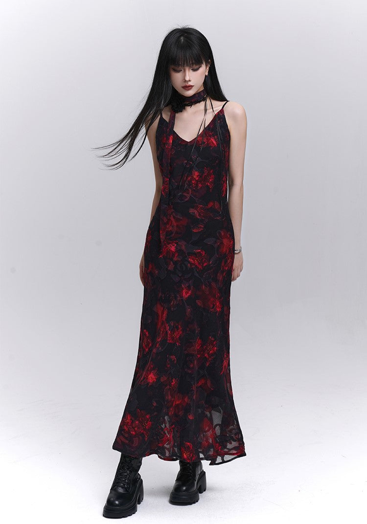 Black and Red Floral Suspender Dress LAD0185 Black and Red Floral Suspender Dress LAD0185