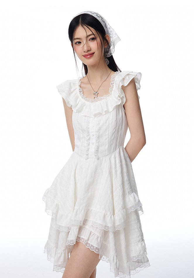 Ruffle Irregular Lace Textured White Dress NTO0092