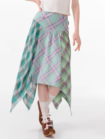 Summer Design Irregular Plaid High Waist Green Skirt ZIZ0083