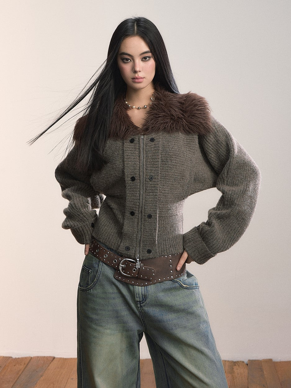 Fur Collar Wide-Sleeve Sweater Cardigan VIA0364