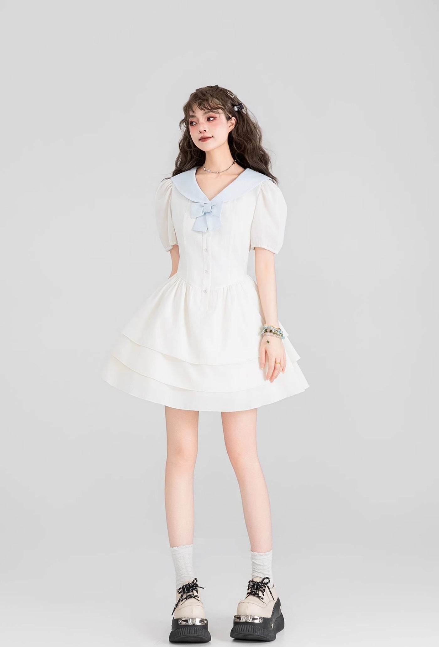 Navy Collar White A-Line Cake Princess Dress KEI0095