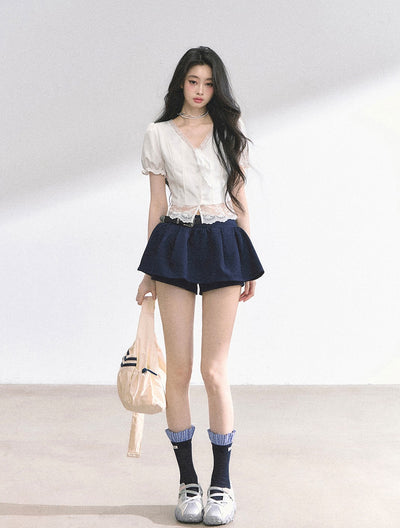 Lace V-neck Puff Sleeve Shirt DIA0521