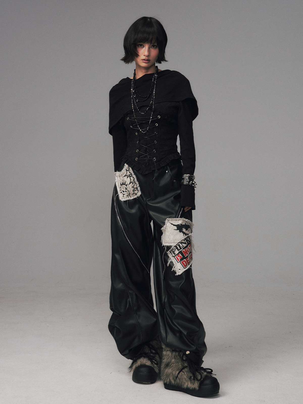 Dark Collar Hooded Patchwork Jacquard Top FRU0121