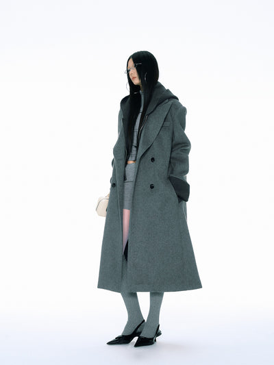 Retro Fake Two-piece Ribbed Splicing Removable Hooded Wool Coat CUR0155