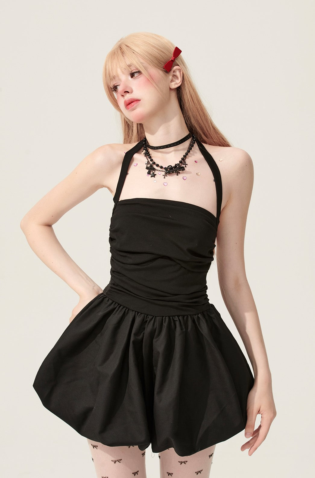 Black Halter Neck Puffy Short Dress DIA0166