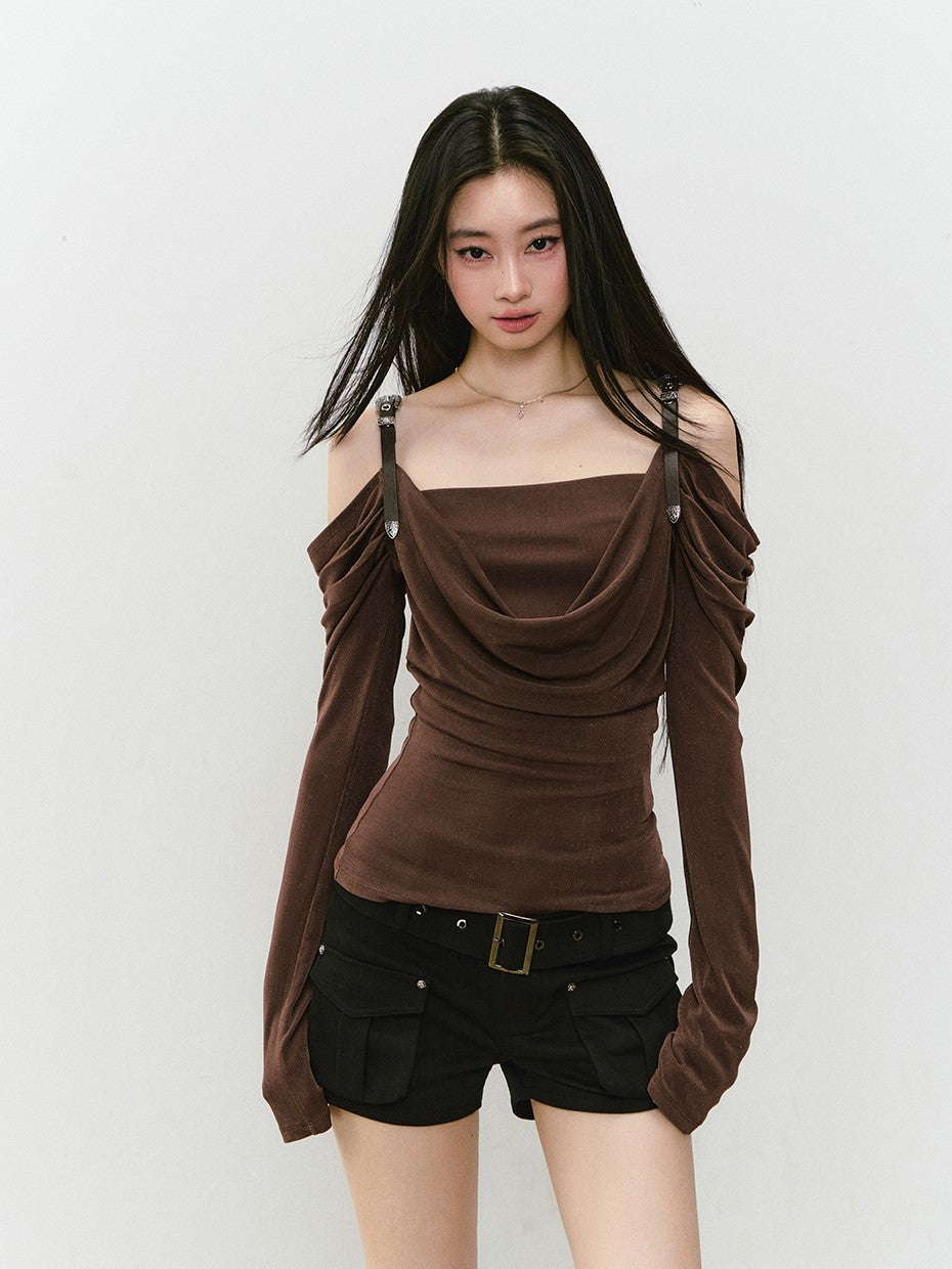 Leather Shoulder Strap Long-sleeved T-shirt VIA0336