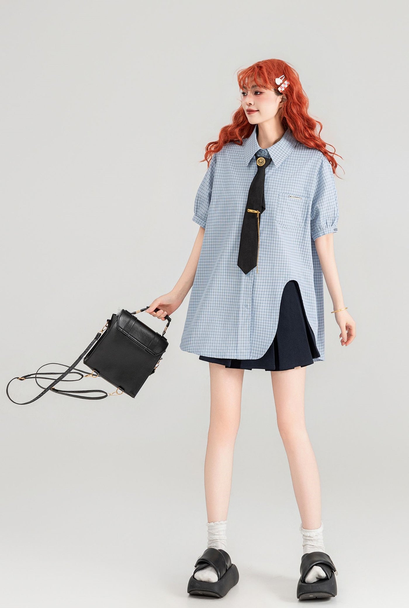 Blue Plaid Short-sleeved Shirt/Pleated Skirt/Black Tie KEI0091