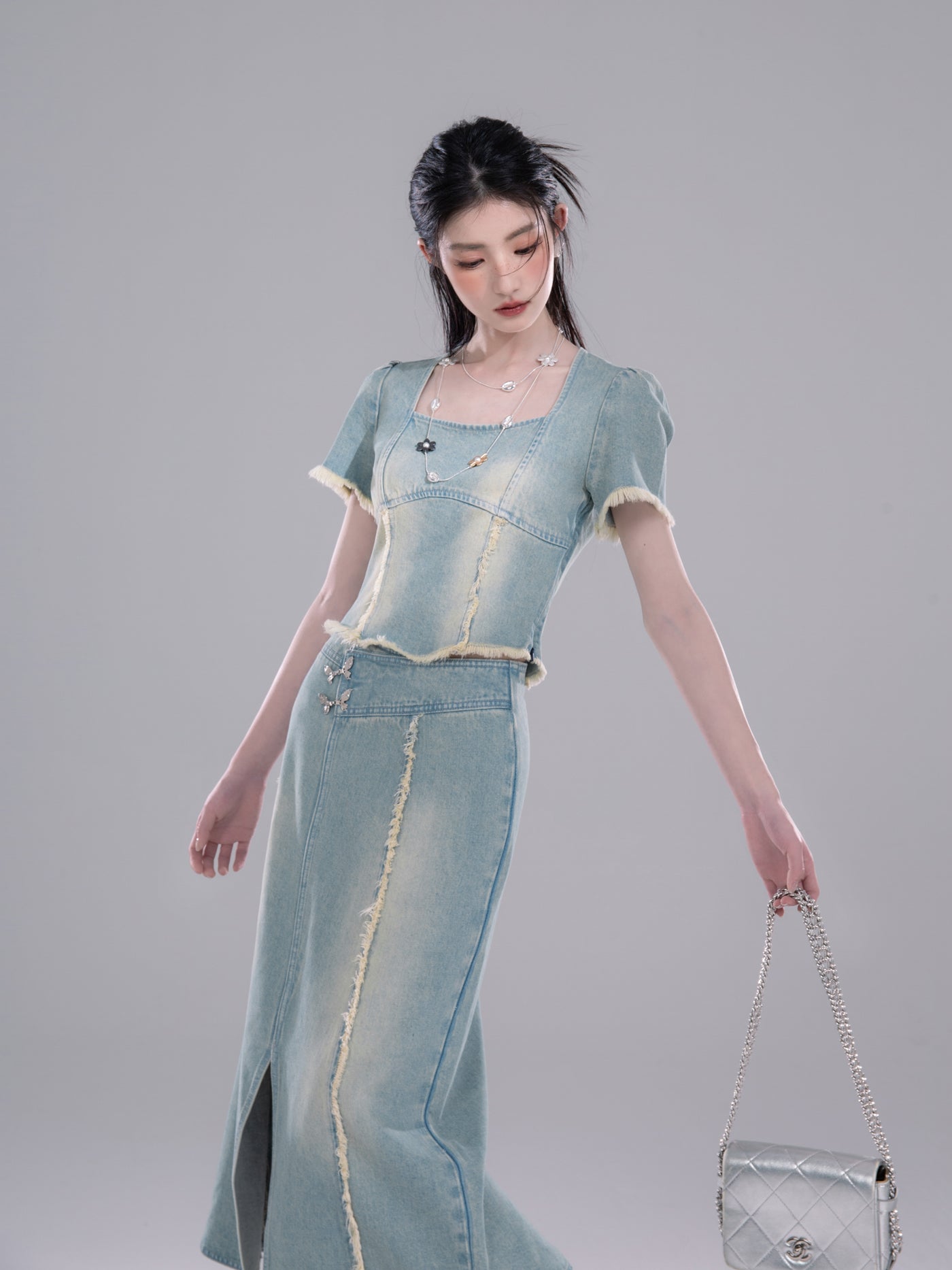 Raw-edge Denim Top/Slit Skirt COT0266