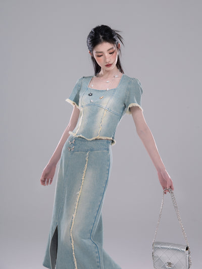Raw-edge Denim Top/Slit Skirt COT0266