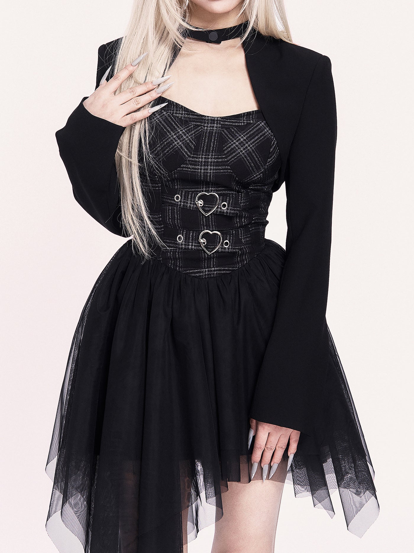 Irregular Mesh Puff Dress/Cross Short Jacket VOC0468