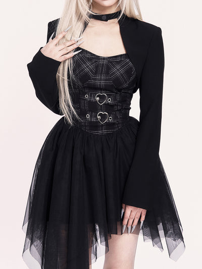 Irregular Mesh Puff Dress/Cross Short Jacket VOC0468