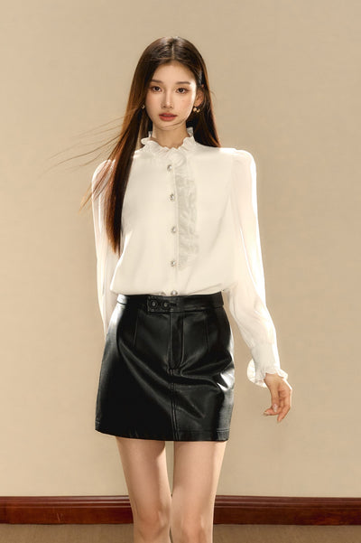 French Satin Textured Puff Sleeve Ruffle Design Shirt OSH0072