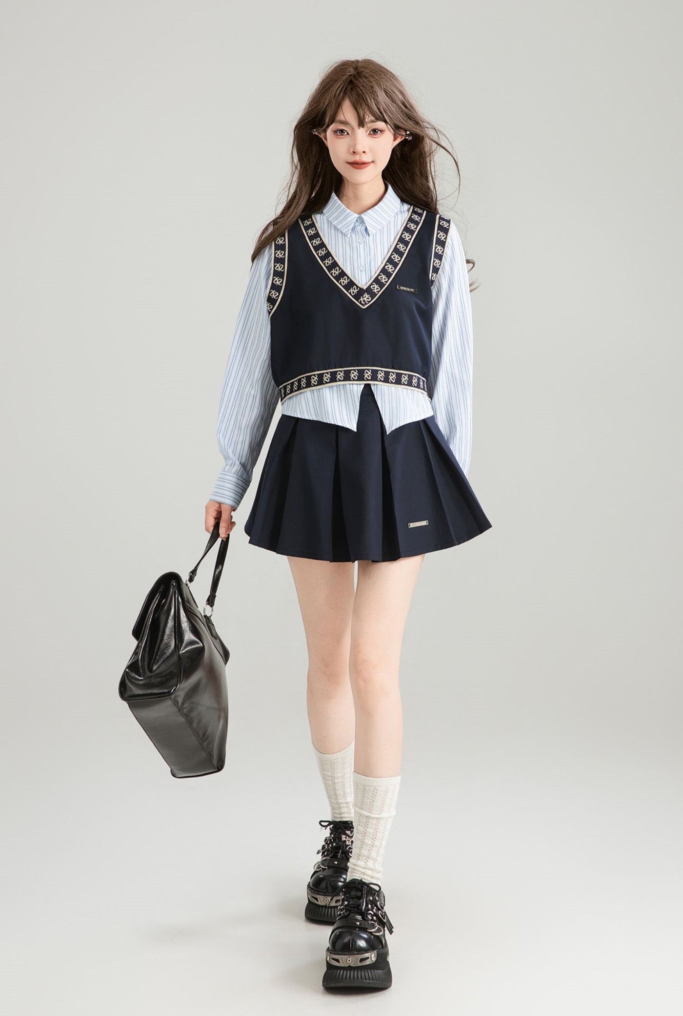 Patchwork Long-sleeved Fake Two-piece Shirt/Skirt KEI0167