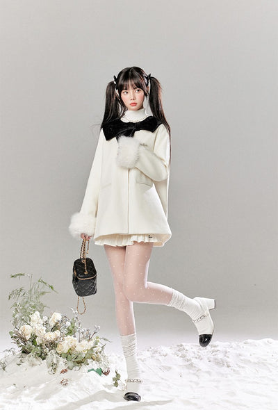 French Thousand Gold Bow White Wool Tweed Coat/Off-white Skirt/Base Sweater TBI0044