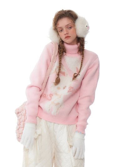 Retro Design High-grade Rabbit Soft Lazy Pink Turtleneck Sweater ZIZ0196